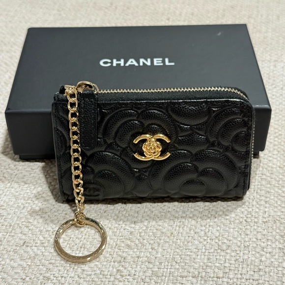 CHANEL Accessories - CHANEL Black caviar camellia Key Ring card holder wallet